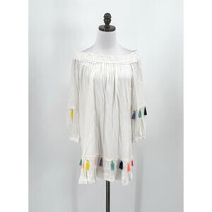 Misa Los Angeles White Gauze Off Shoulder Rainbow Tasseled Tunic Dress Sz M